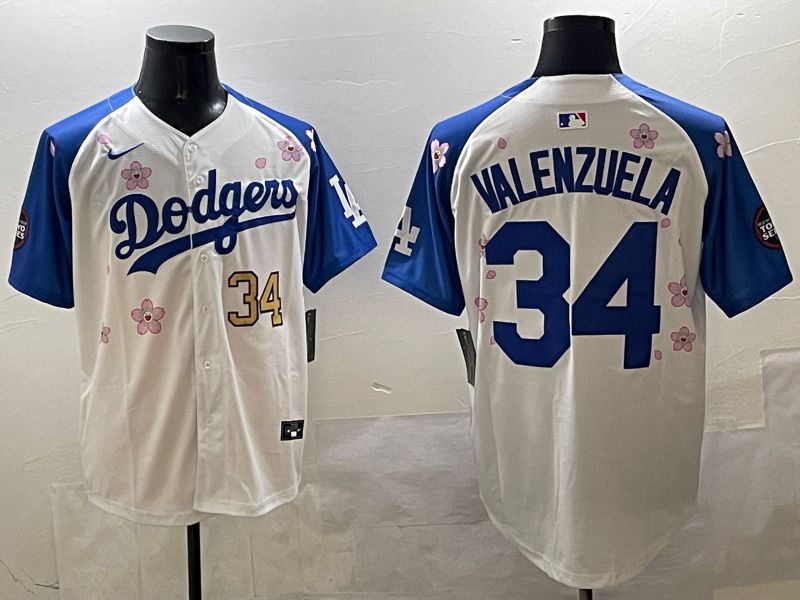 Men Los Angeles Dodgers 34 Valenzuela White Blue Sakura Edition 2025 Nike MLB Jersey style 7